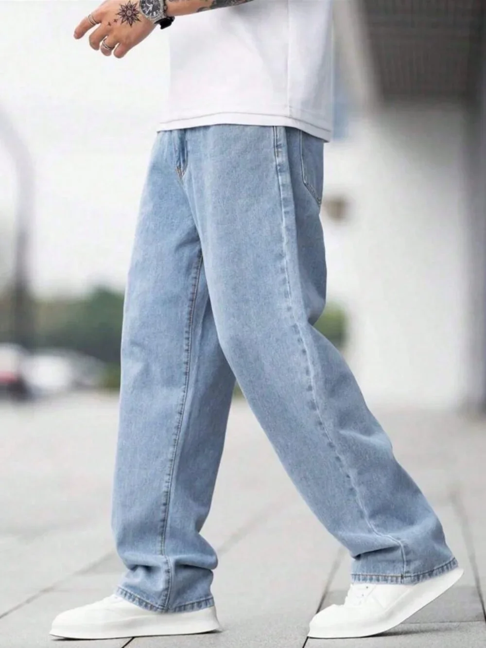 Light Wash Casual Men's Loose-Fit Zip Fly Long Pocket Plain Denim Pants